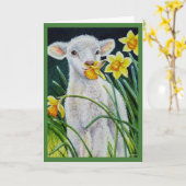 Baby Lamb und Frühlingsgetränke Wasserfarben Kunst Karte (Gelbe Blume)
