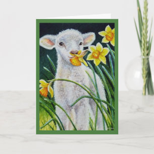 Baby Lamb und Frühlingsgetränke Wasserfarben Kunst Karte