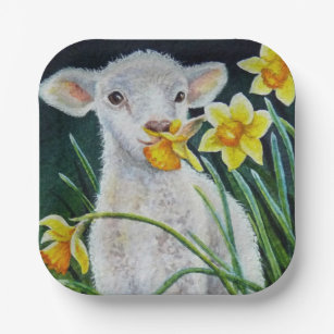 Baby Lamb und Frühlingsgetränke Wasserfarben Kunst Pappteller