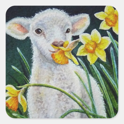 Baby Lamb und Frühlingsgetränke Wasserfarben Kunst Quadratischer Aufkleber (Vorderseite)