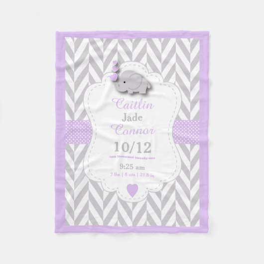 Baby Lavendel Elephant Birth Keepake Design Fleecedecke (Vorderseite)