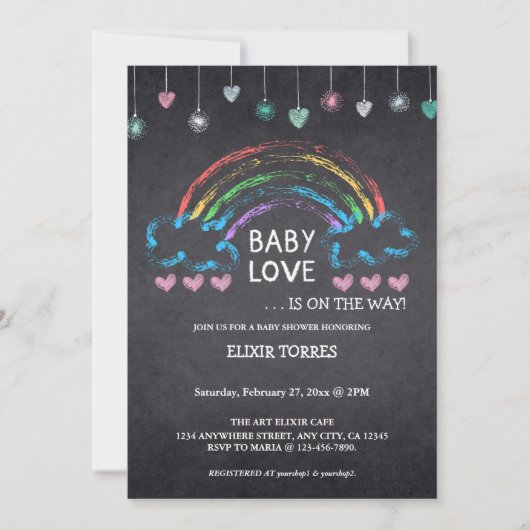 Baby Liebe Chalkboard Herz & Rainbow Baby Dusche Einladung (Vorderseite)