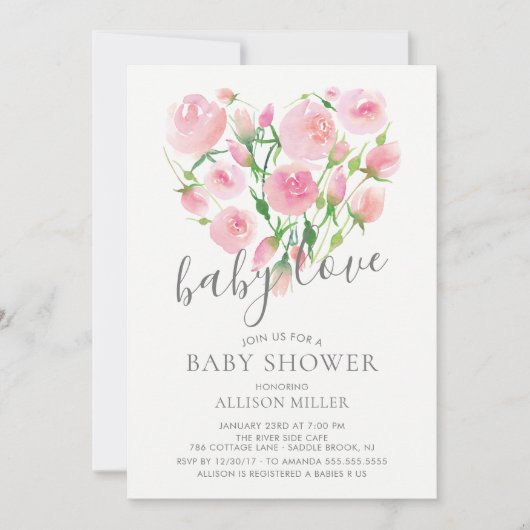 Baby Liebe Floral Heart Girl Babydusche Einladung (Vorderseite)