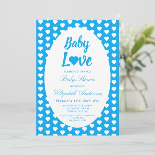 Baby Liebe Heart Boy Babydusche Einladung (Stehend Vorderseite)