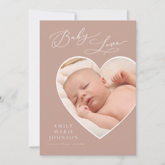 Baby Liebe Mauve Heart Foto Geburtsankündigung Einladung (Vorderseite)