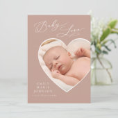 Baby Liebe Mauve Heart Foto Geburtsankündigung Einladung (Stehend Vorderseite)