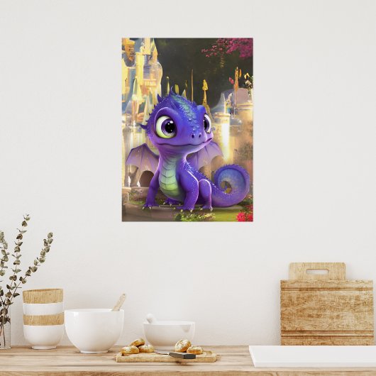 Baby Lila Dragon and Fantasy Mittelalterliche Burg Poster (Küche)