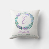 Baby Lilac Blue Green Birth Stats Floral Wreath Kissen (Rückseite)