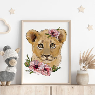 Baby Lion Rose Animal Poster Wall Print
