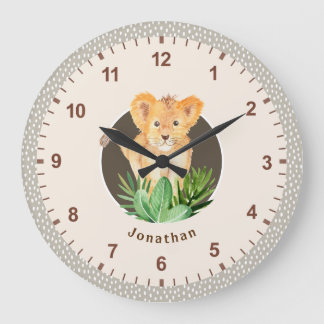 Baby Lion Wildlife Watercolor Neutrale Zimmerdekor Große Wanduhr