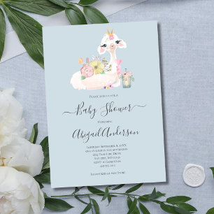 Baby Llama Blumen Weiß Blau Babyparty Einladung