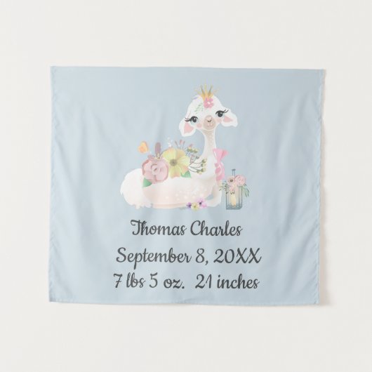 Baby Llama mit Blume White und Blue Baby Boy Wandteppich (Vorderseite (Horizontal))