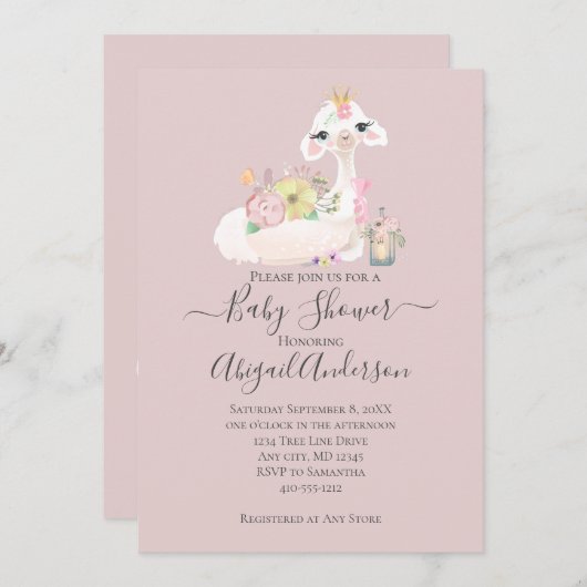 Baby Llama mit weißen und rosa Blume Adorable Einladung (Vorne/Hinten)