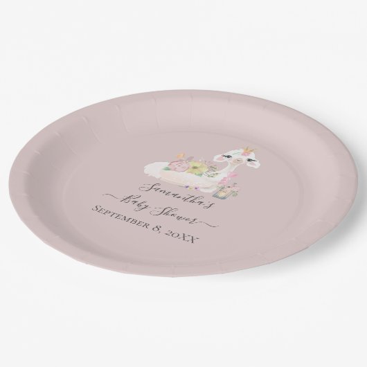 Baby Llama mit weißen und rosa Blume Adorable Pappteller (Schrägansicht)