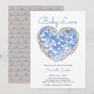 Baby Love Blue Hearts Rustikale Jungen-Baby-Party Einladung