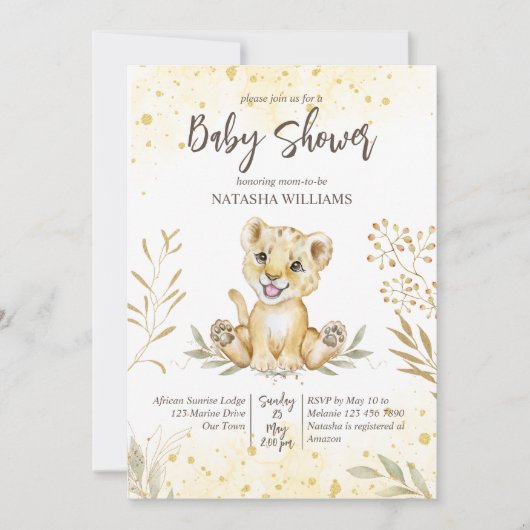 Baby Löwe gelbe goldbraune Babydusche einladen Einladung (Vorderseite)