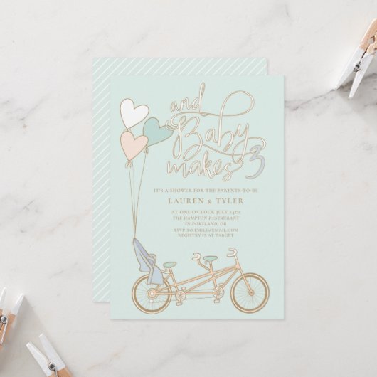 Baby macht drei Tandembike mit Babysitzdusche Einladung (Vorderseite/Rückseite Beispiel)
