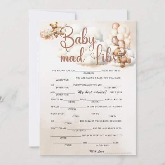 BABY MAD LIBS Baby Showgame Niedlich Bear Einladung (Vorderseite)