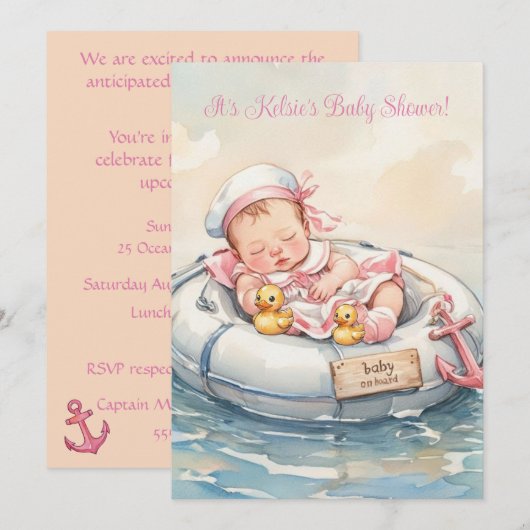Baby Mädchen an Bord Einladung (Vorne/Hinten)