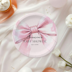 Baby-Mädchen-Aufkleber mit rosa Schleife Pappteller