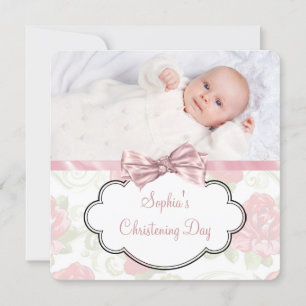 Baby-Mädchen-Foto-Taufe mit rosa Rose Einladung