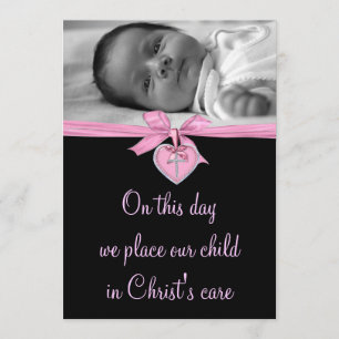 Baby-Mädchen-Foto-Taufe mit rosa Schleife Einladung