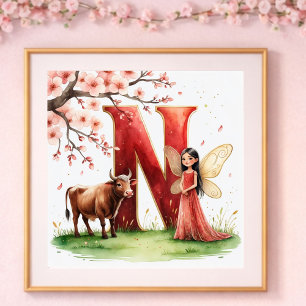 Baby Mädchen Kinderzimmer Buchstabe N Fee Blumenmu Poster