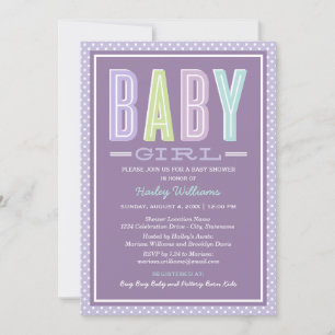 Baby Mädchen Lavendel Fette Schrift Baby Shower Einladung
