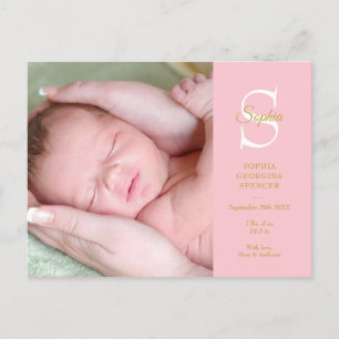 Baby Mädchen Monogramm Foto Geburtsstatistik Danke Ankündigungspostkarte
