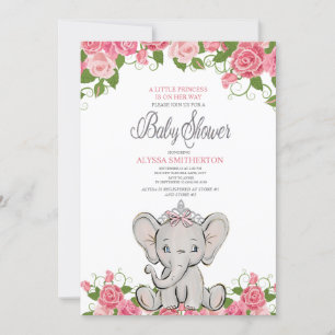 Baby Mädchen Prinzessin Tiara Elefant Rosa Floral Einladung