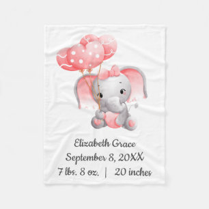 Baby Mädchen rosa Elefant Luftballons Geburtsstati Fleecedecke