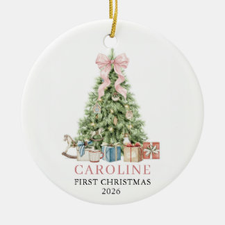 Baby Mädchen Rosa Erstes Weihnachten Schleife Foto Keramik Ornament