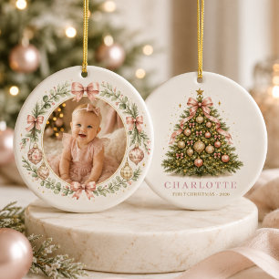 Baby Mädchen Rosa Erstes Weihnachten Schleife Foto Keramik Ornament
