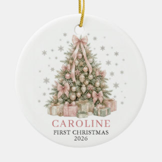 Baby Mädchen Rosa Erstes Weihnachten Schleife Foto Keramik Ornament