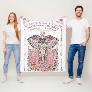 Baby Mädchen Rosa Geburtsstatistik Elefant Stamm Fleecedecke