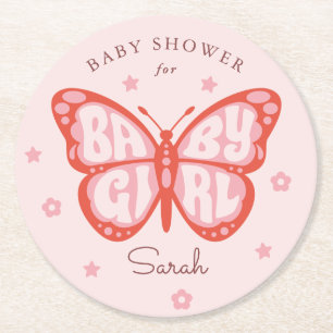 Baby Mädchen Rosa Schmetterling Baby Shower Runder Pappuntersetzer