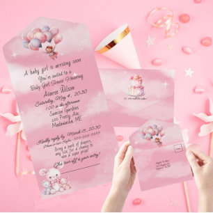 Baby Mädchen Rosa Wolken Ballons Einladung zur Bab