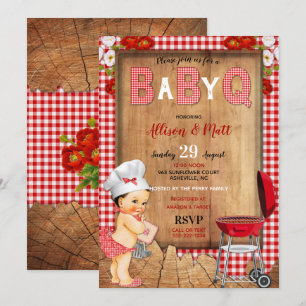 Baby Mädchen Rot Gingham Holz Blumen Baby Q Barbec Einladung