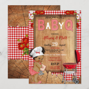 Baby Mädchen Rot Gingham Holz Blumen Baby Q Barbec Einladung