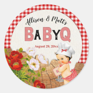 Baby Mädchen Rot Gingham Holz Floral Baby Q BBQ Runder Aufkleber
