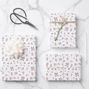 Baby Mädchen Shower Storch Karre Flasche Schnuller Geschenkpapier Set