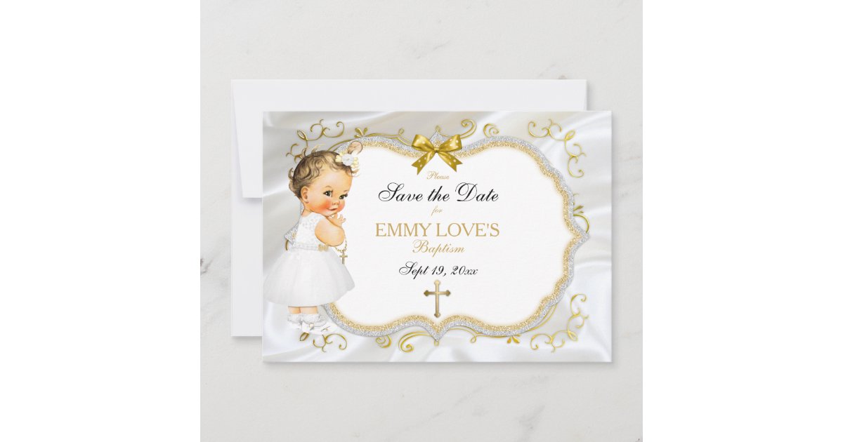 Baby Madchen Taufe Retten Datum Weisses Goldkreuz Save The Date Zazzle De