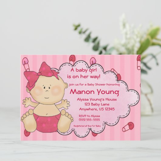 Baby-Mädchen-Windel-Button-rosa Duschen-Einladung Einladung (Stehend Vorderseite)