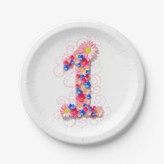 Baby-Mädchen-zuerst 1. Geburtstags-rosa Blume eine Pappteller