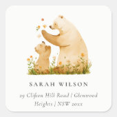 Baby Mama Bear Floral Neutal Wasserfarben Addrohrs Quadratischer Aufkleber (Vorderseite)