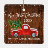 Baby Mein erster Weihnachtsschneefahrer Red Truck Keramikornament (Rückseite)