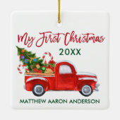 Baby Mein erster Weihnachtswagen Tree Red Green Keramikornament (Rückseite)