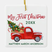 Baby Mein erster Weihnachtswagen Tree Red Green Keramikornament (Vorderseite)