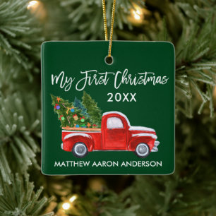 Baby Mein erstes Weihnachten Vintage roter LKW Grü Keramikornament