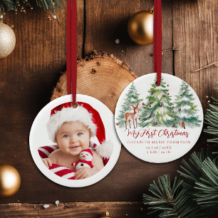 Baby Mein erstes Weihnachten Waldkauz Reh Foto  Keramik Ornament